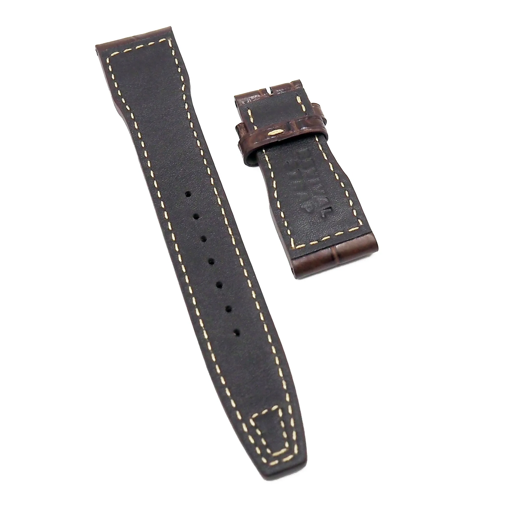 21mm Pilot Style Walnut Brown Alligator Leather Watch Strap For IWC, Cream Stitching, Rivet Lug, Semi Square Tail