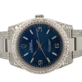 36mm Rolex Watch with Stainless Steel Oyster Diamond Bracelet (royal blue dial, diamond bezel)