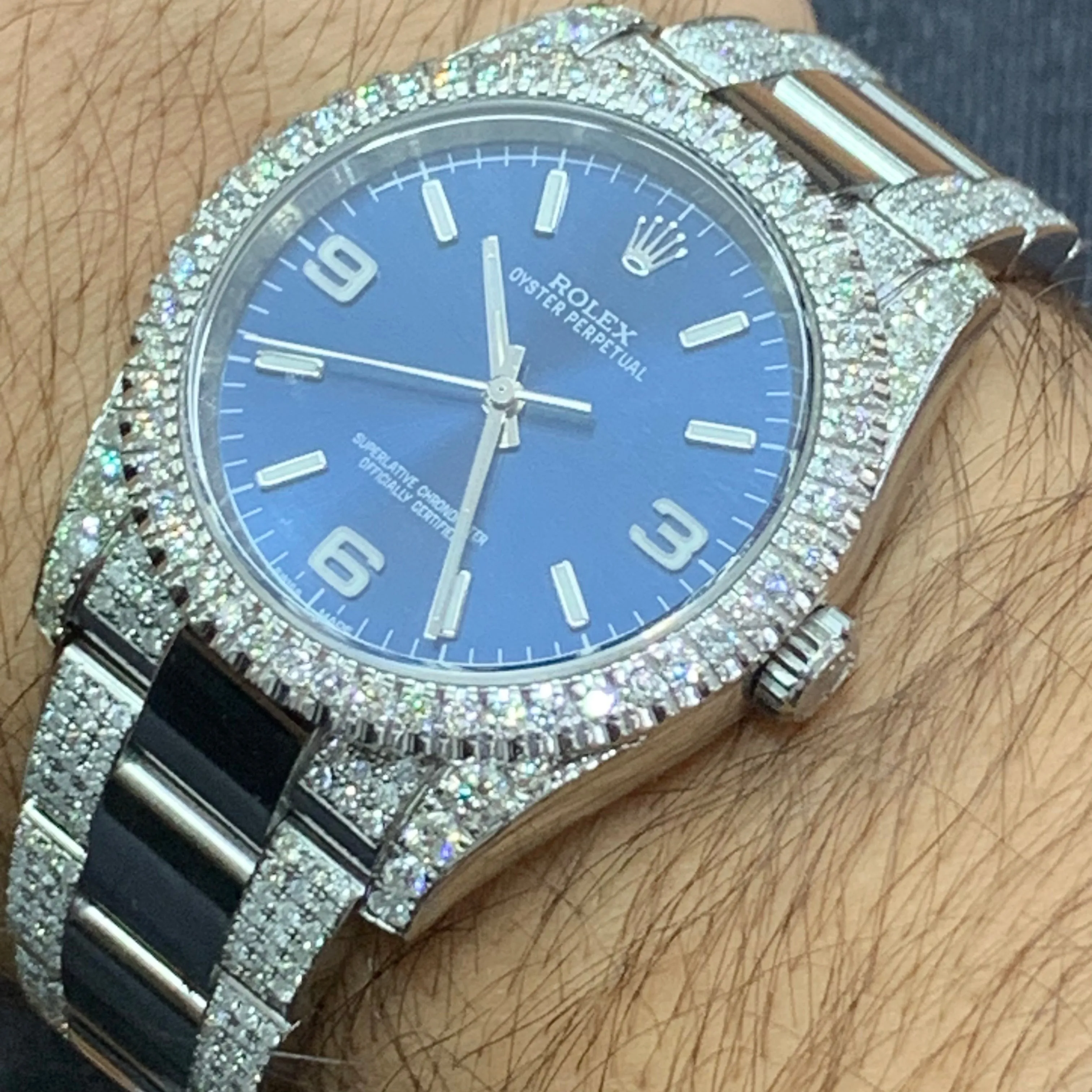 36mm Rolex Watch with Stainless Steel Oyster Diamond Bracelet (royal blue dial, diamond bezel)