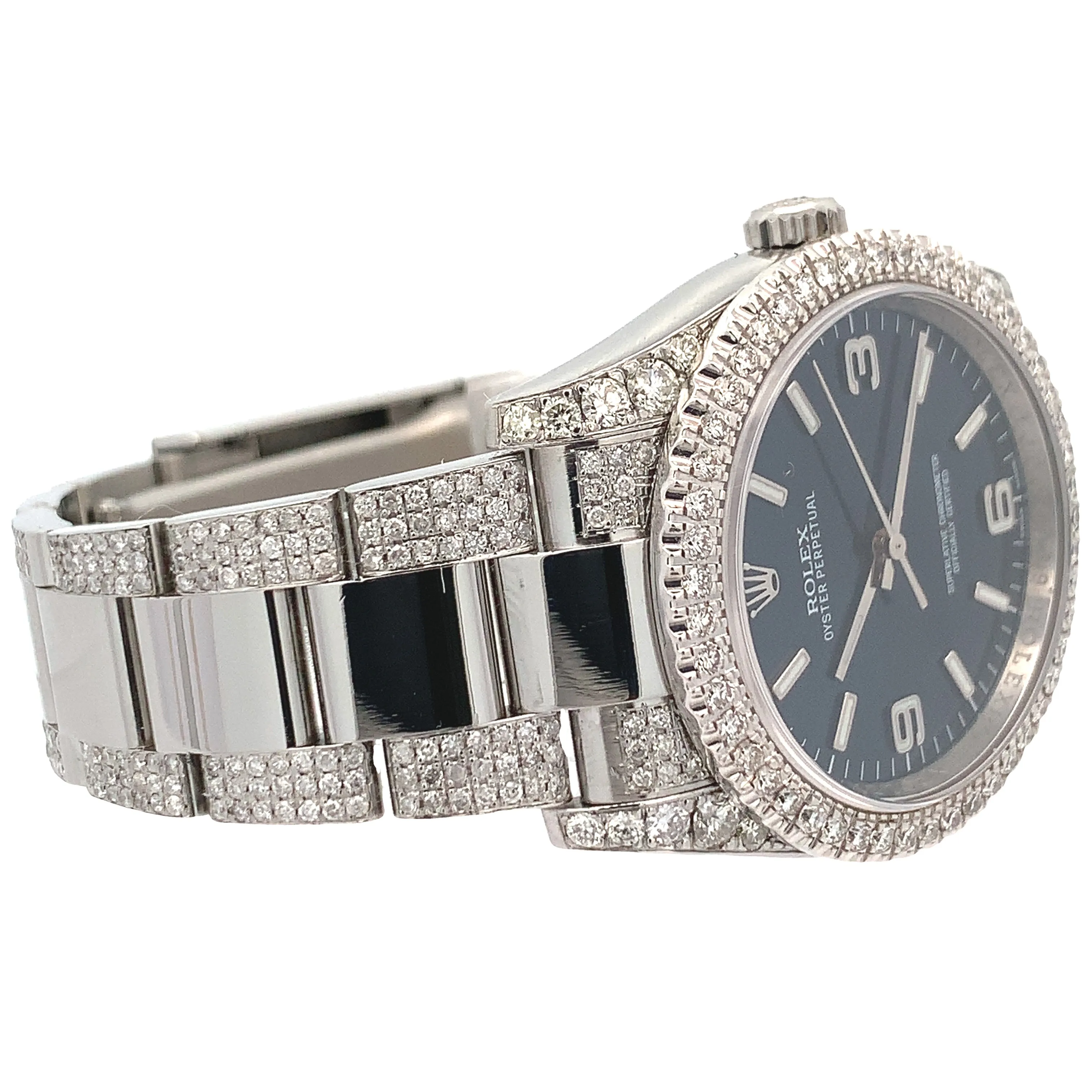 36mm Rolex Watch with Stainless Steel Oyster Diamond Bracelet (royal blue dial, diamond bezel)