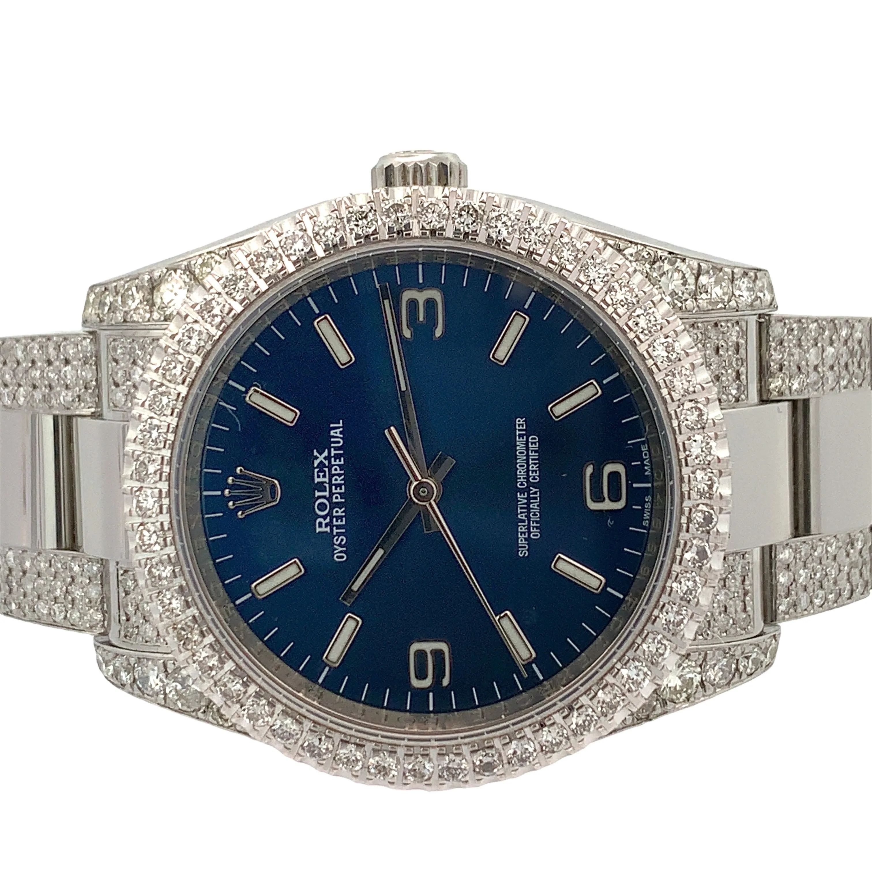 36mm Rolex Watch with Stainless Steel Oyster Diamond Bracelet (royal blue dial, diamond bezel)