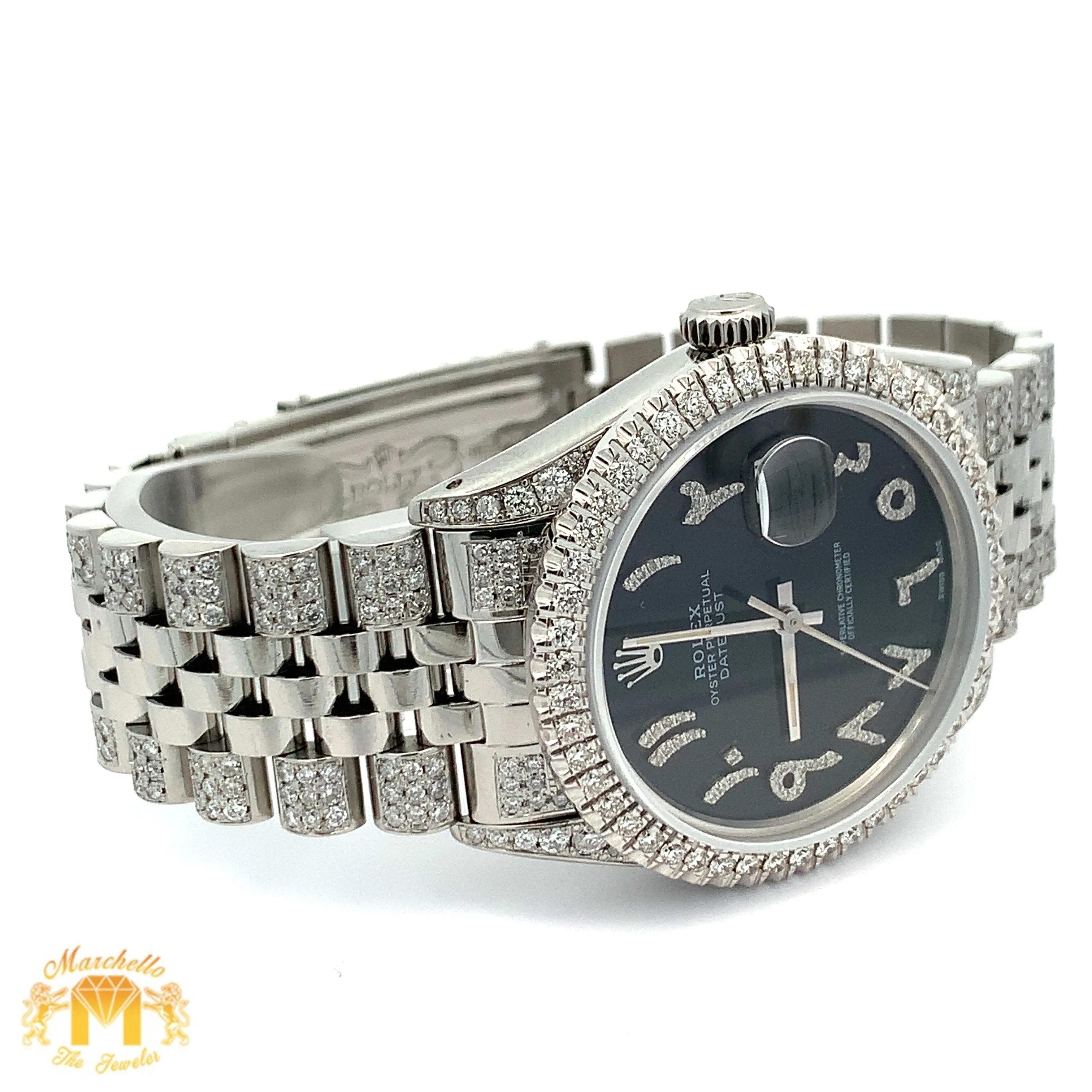 7ct Diamond Iced out 36mm Rolex Watch with Stainless Steel Jubilee Bracelet (black dial with diamonds)