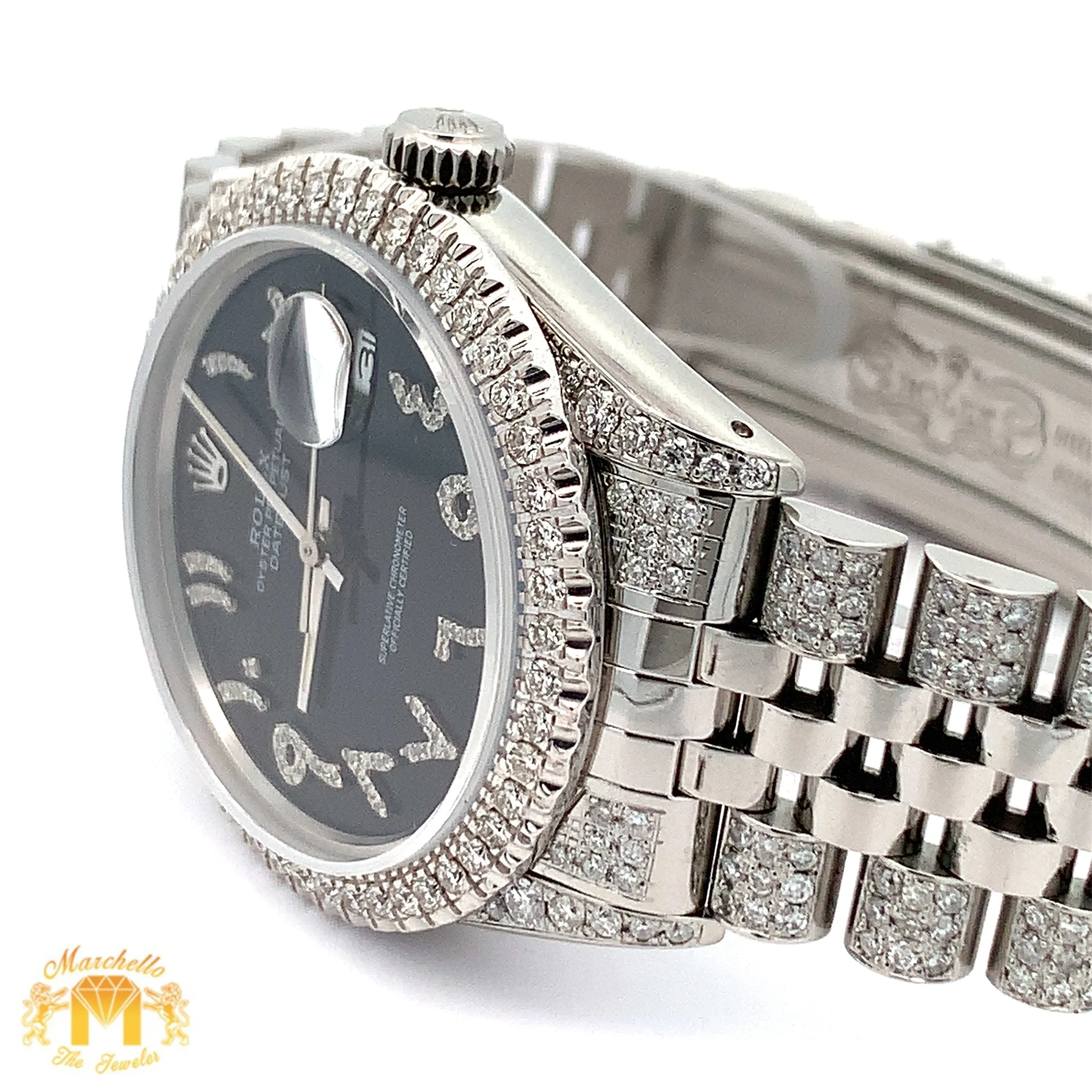 7ct Diamond Iced out 36mm Rolex Watch with Stainless Steel Jubilee Bracelet (black dial with diamonds)