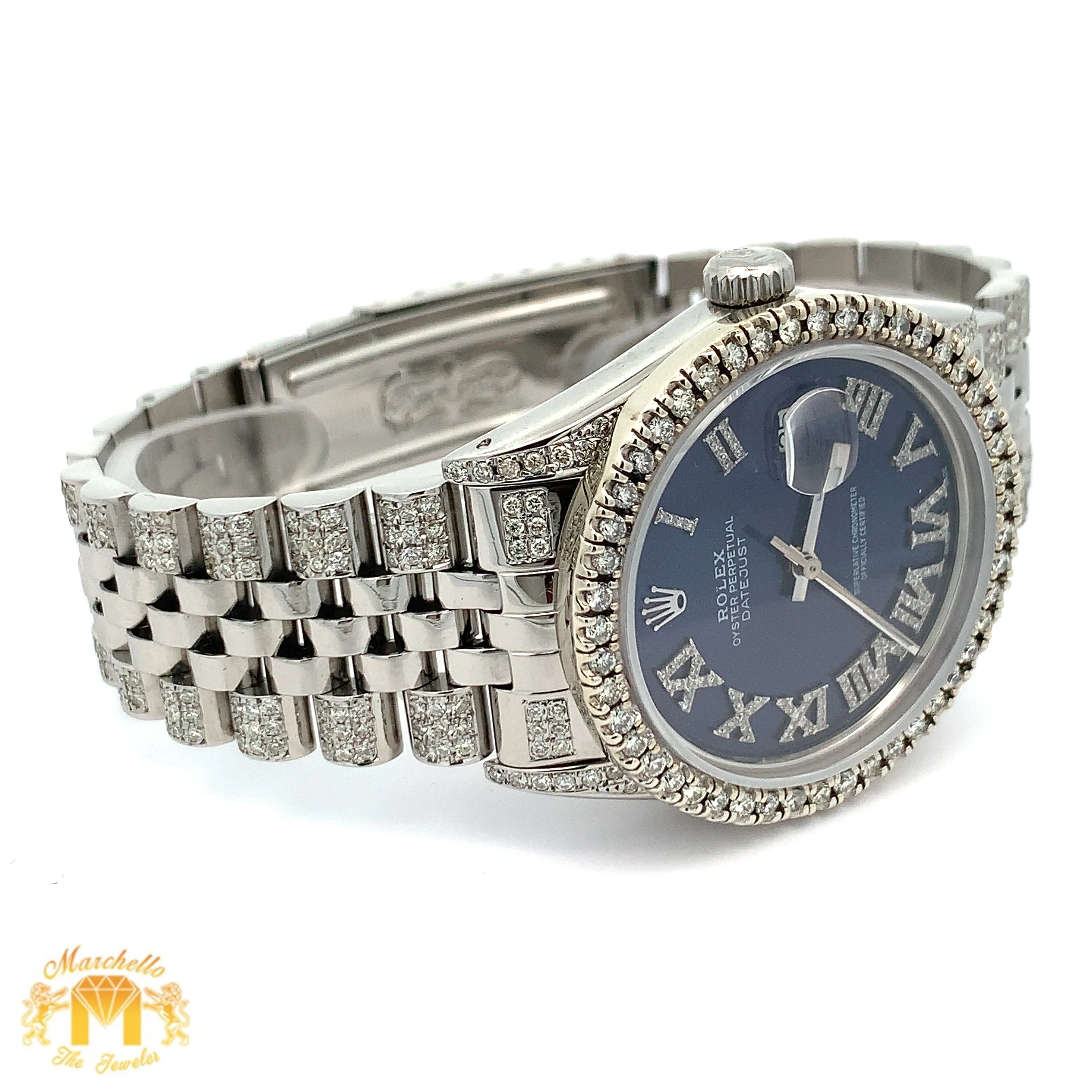 7ct Diamond Iced out 36mm Rolex Watch with Stainless Steel Jubilee Bracelet (blue dial with diamonds)