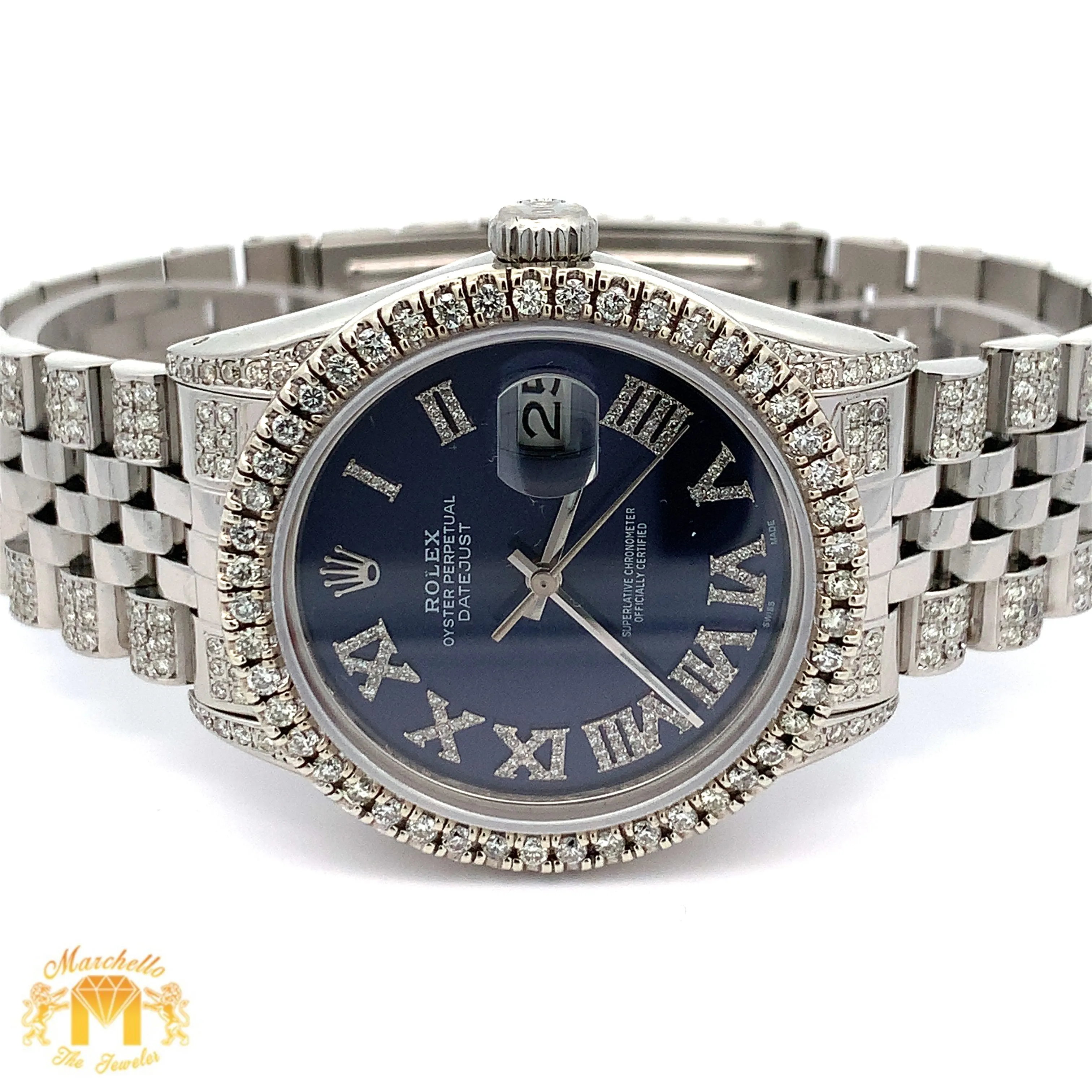 7ct Diamond Iced out 36mm Rolex Watch with Stainless Steel Jubilee Bracelet (blue dial with diamonds)