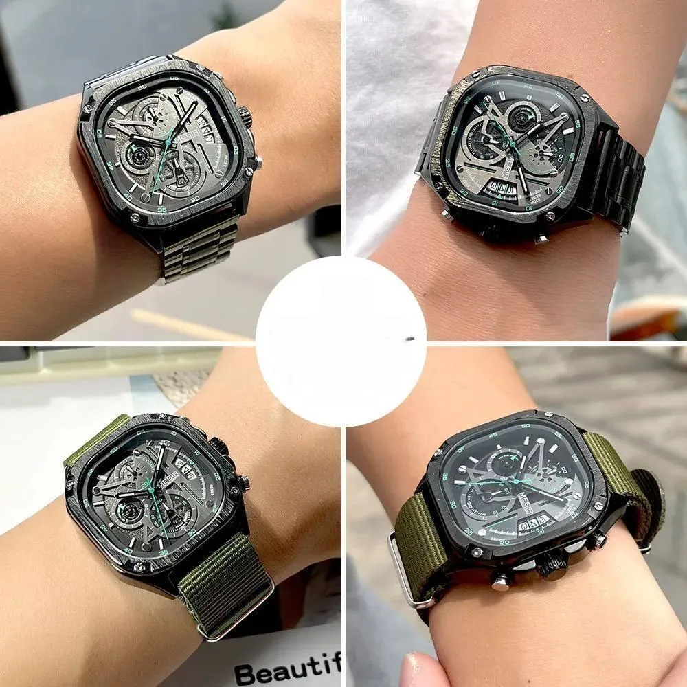 Black Quartz Watch Men Waterproof Square Dial Wristwatch