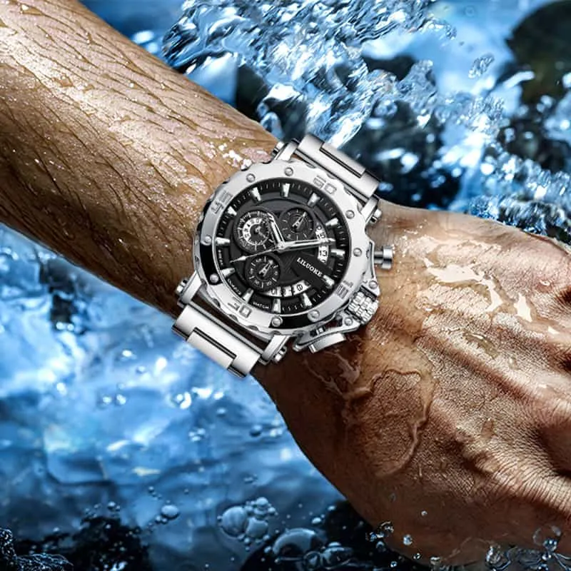 Business Fashion Men's Watches Multifunctional timing Deep Waterproof 3D Luminous Quartz Watch Silver