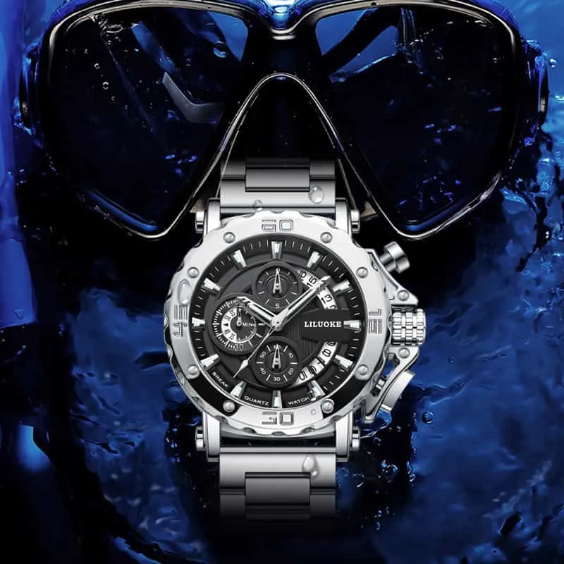 Business Fashion Men's Watches Multifunctional timing Deep Waterproof 3D Luminous Quartz Watch Silver