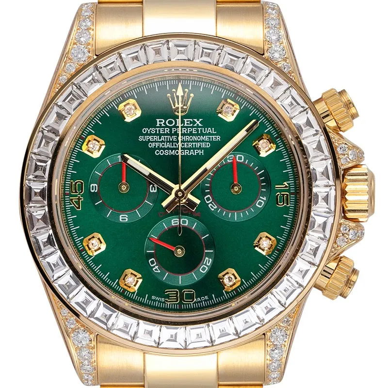 Custom Diamond Set Rolex Daytona 116508 Yellow Gold Custom Green Dial