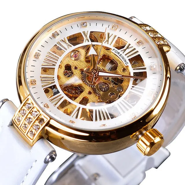 Diamond Embellished Automatic Self-Wind Skeleton Watch for Women