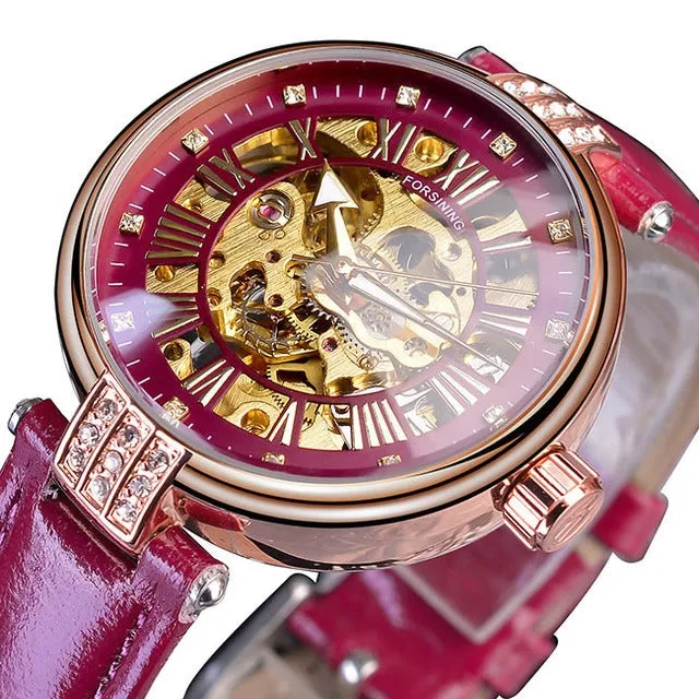 Diamond Embellished Automatic Self-Wind Skeleton Watch for Women
