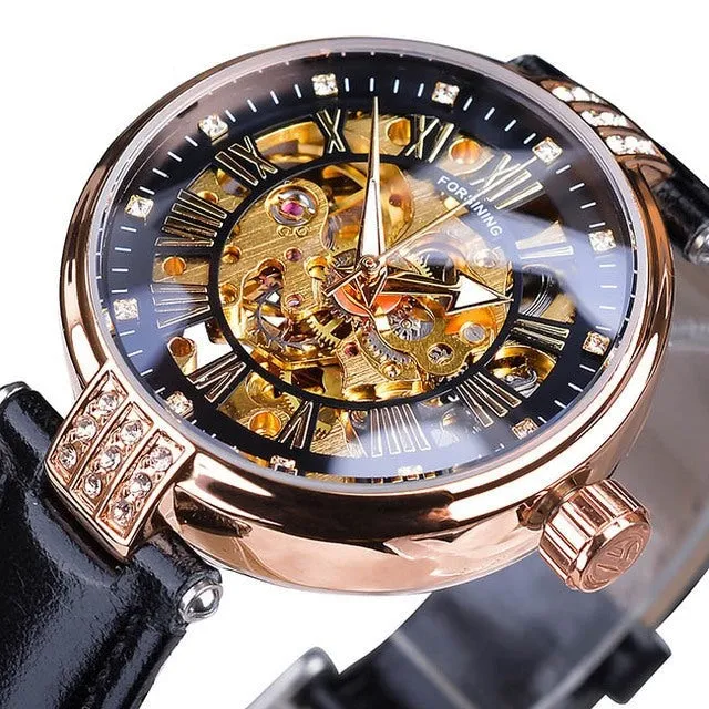 Diamond Embellished Automatic Self-Wind Skeleton Watch for Women