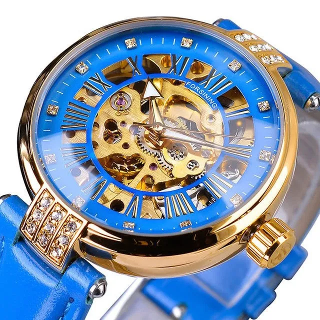 Diamond Embellished Automatic Self-Wind Skeleton Watch for Women