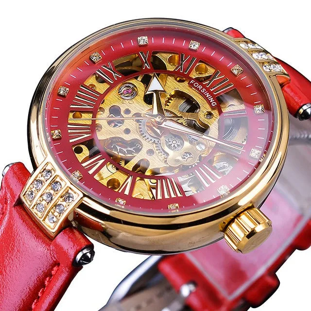 Diamond Embellished Automatic Self-Wind Skeleton Watch for Women