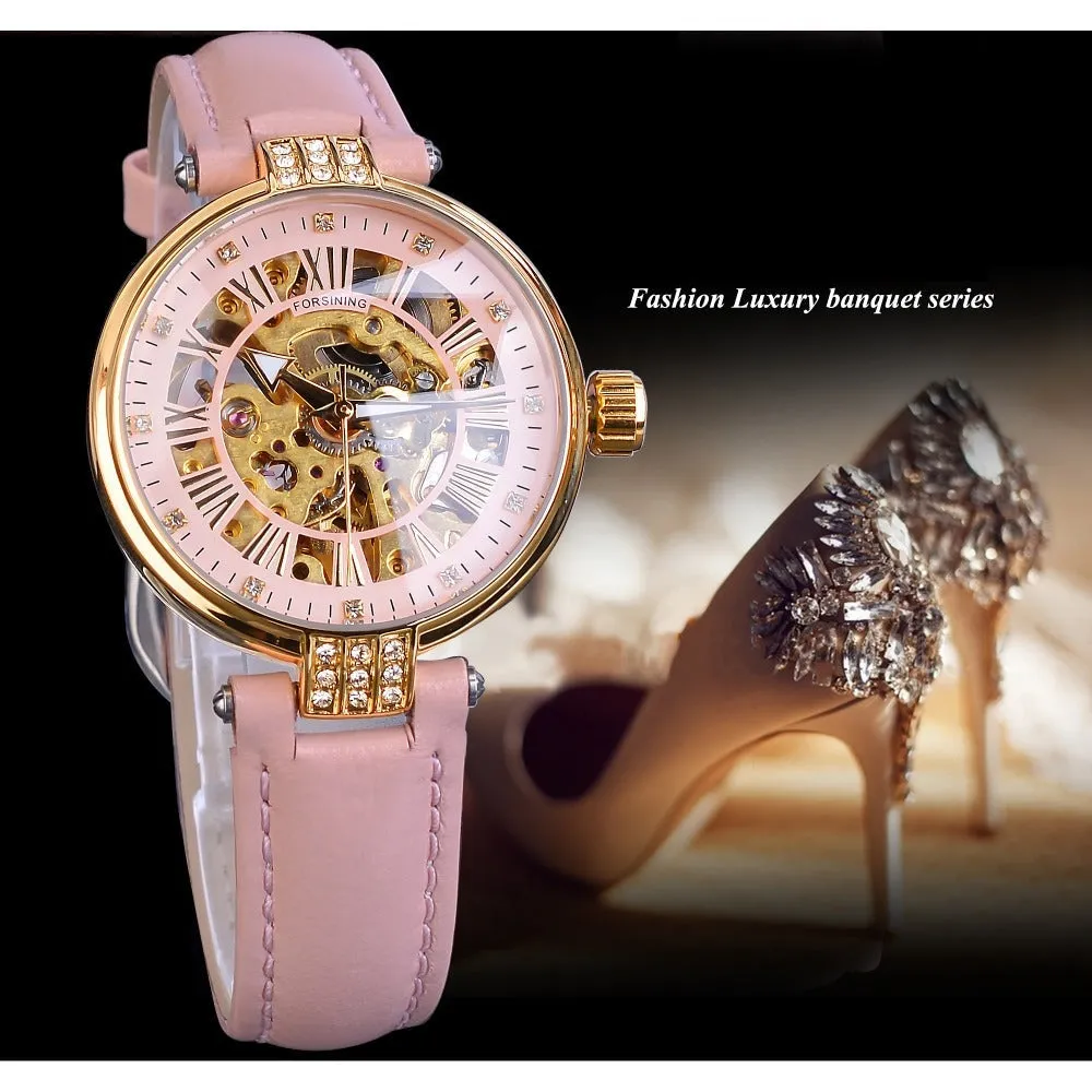 Diamond Embellished Automatic Self-Wind Skeleton Watch for Women