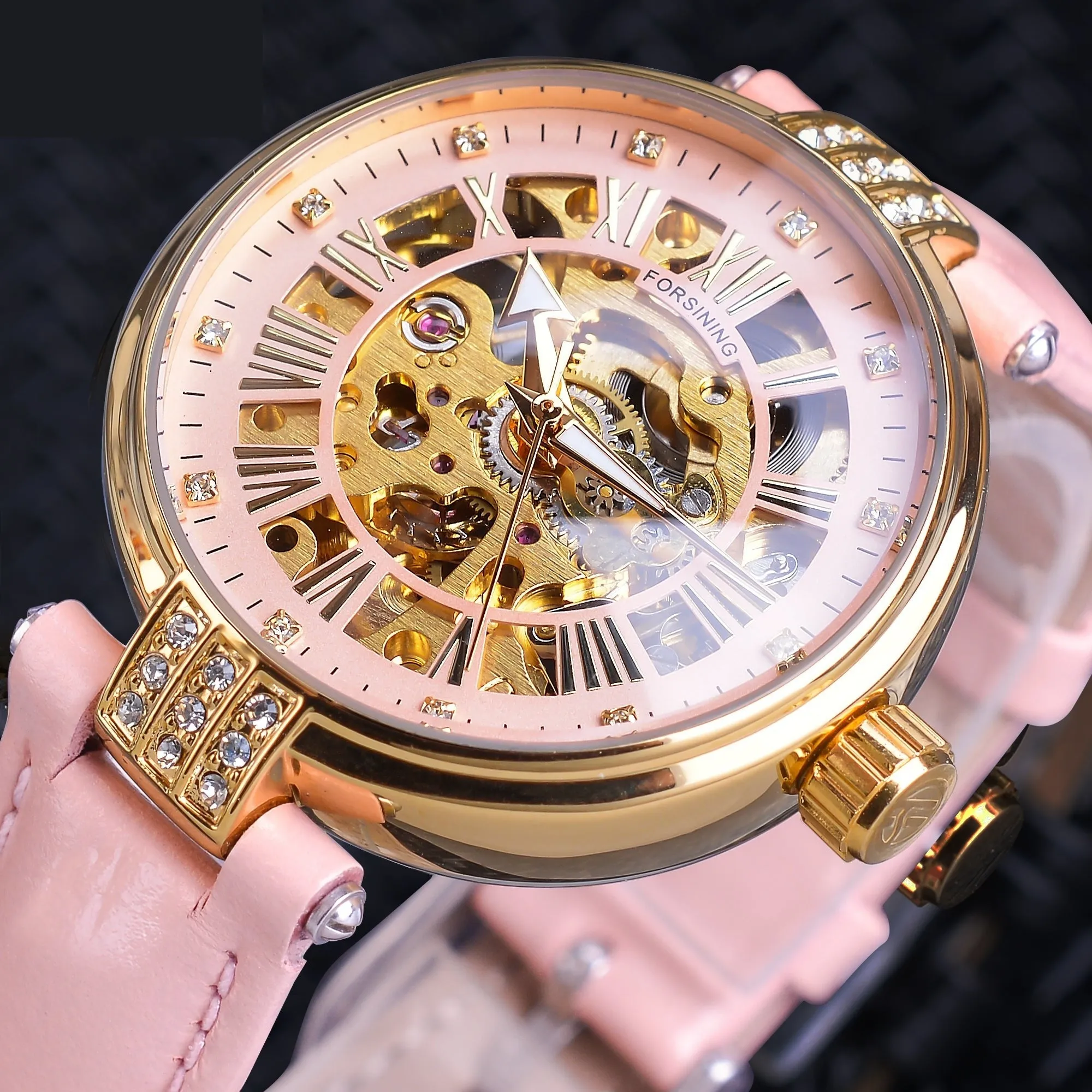 Diamond Embellished Automatic Self-Wind Skeleton Watch for Women