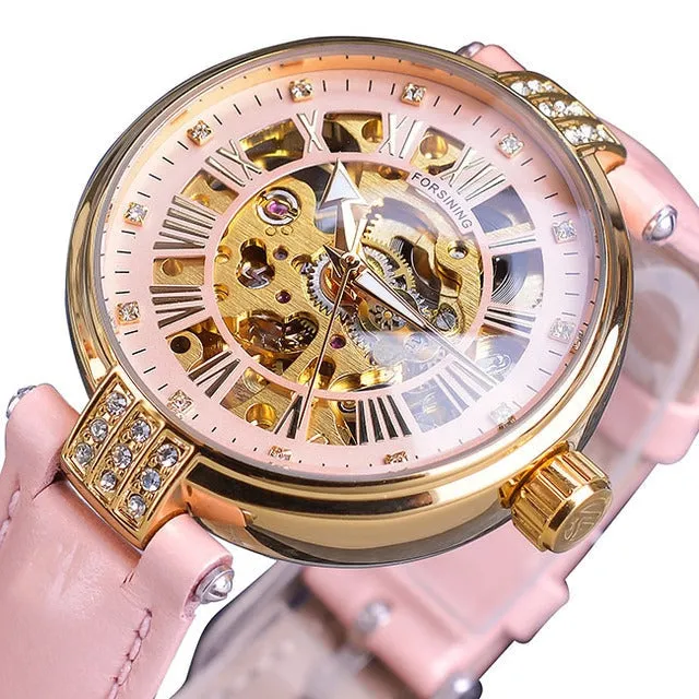 Diamond Embellished Automatic Self-Wind Skeleton Watch for Women