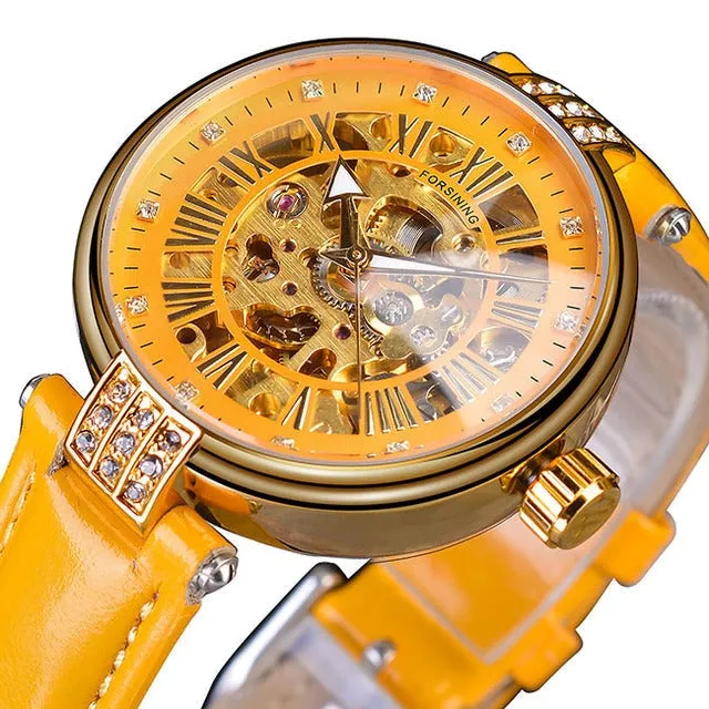 Diamond Embellished Automatic Self-Wind Skeleton Watch for Women