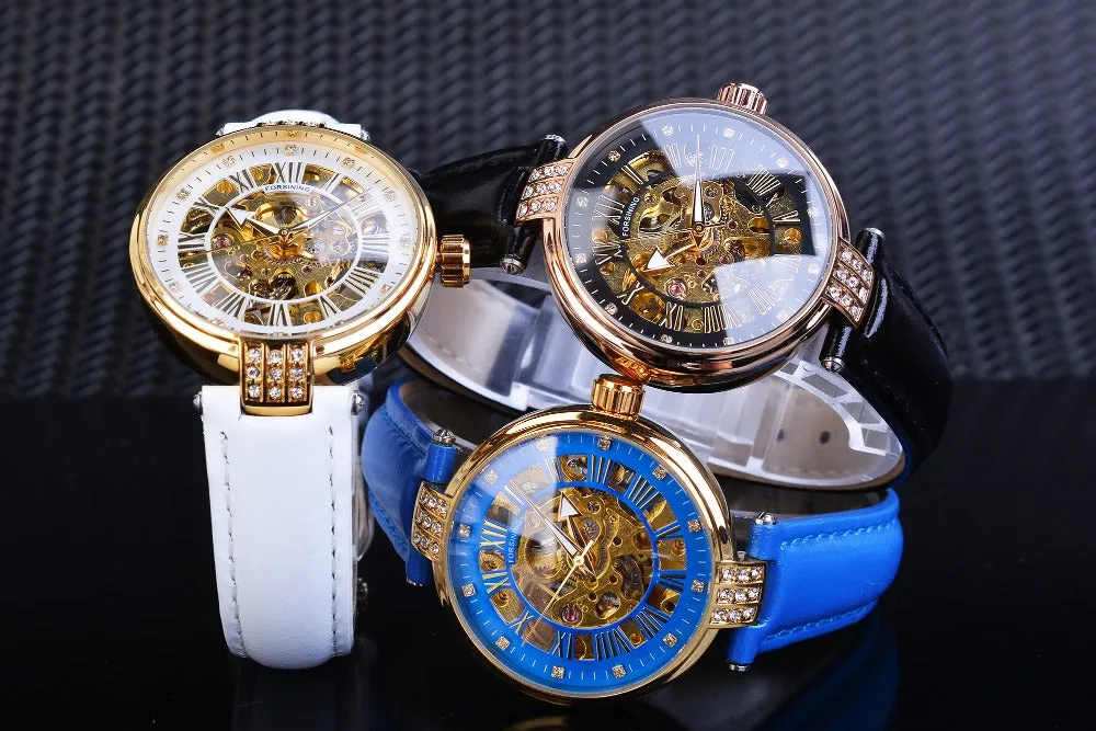 Diamond Embellished Automatic Self-Wind Skeleton Watch for Women