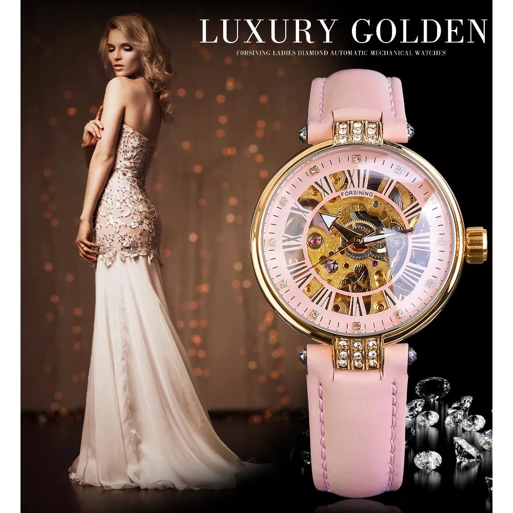 Diamond Embellished Automatic Self-Wind Skeleton Watch for Women