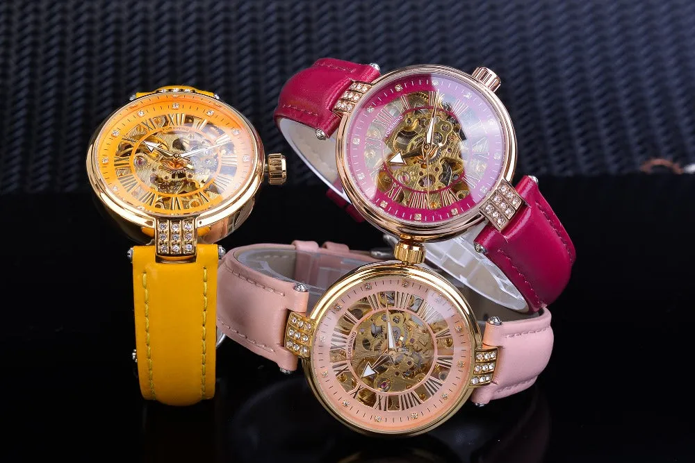 Diamond Embellished Automatic Self-Wind Skeleton Watch for Women