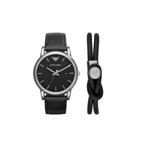 Emporio Armani Three-Hand Date Black Leather Watch and Bracelet Set