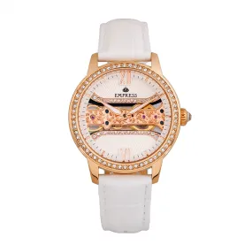 Empress Rania Mechanical Semi-Skeleton Leather-Band Watch - White