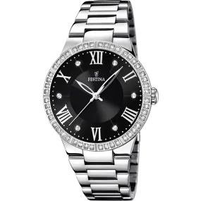 Festina Quartz  50M WR Black Dial Crystal Bezel Stainless Steel Case & Bracelelt