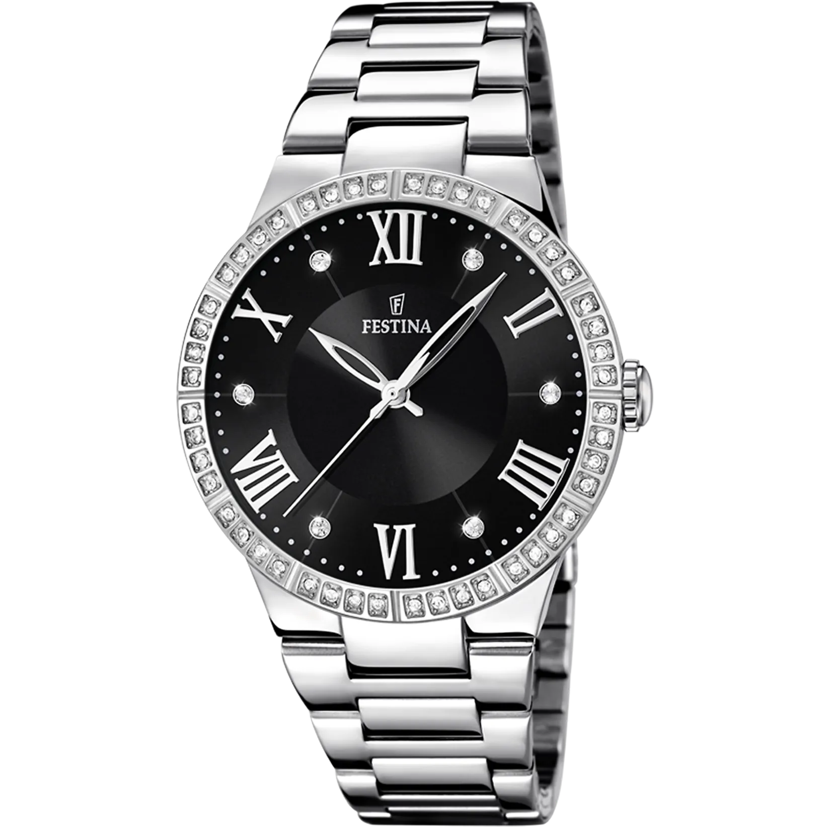 Festina Quartz  50M WR Black Dial Crystal Bezel Stainless Steel Case & Bracelelt
