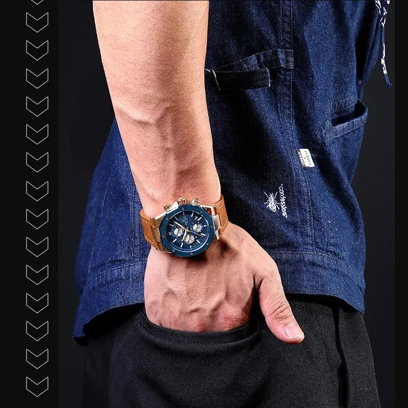 Luxury Fashion Multifunction Men's Watches Genuine Leather Quartz Male Clock