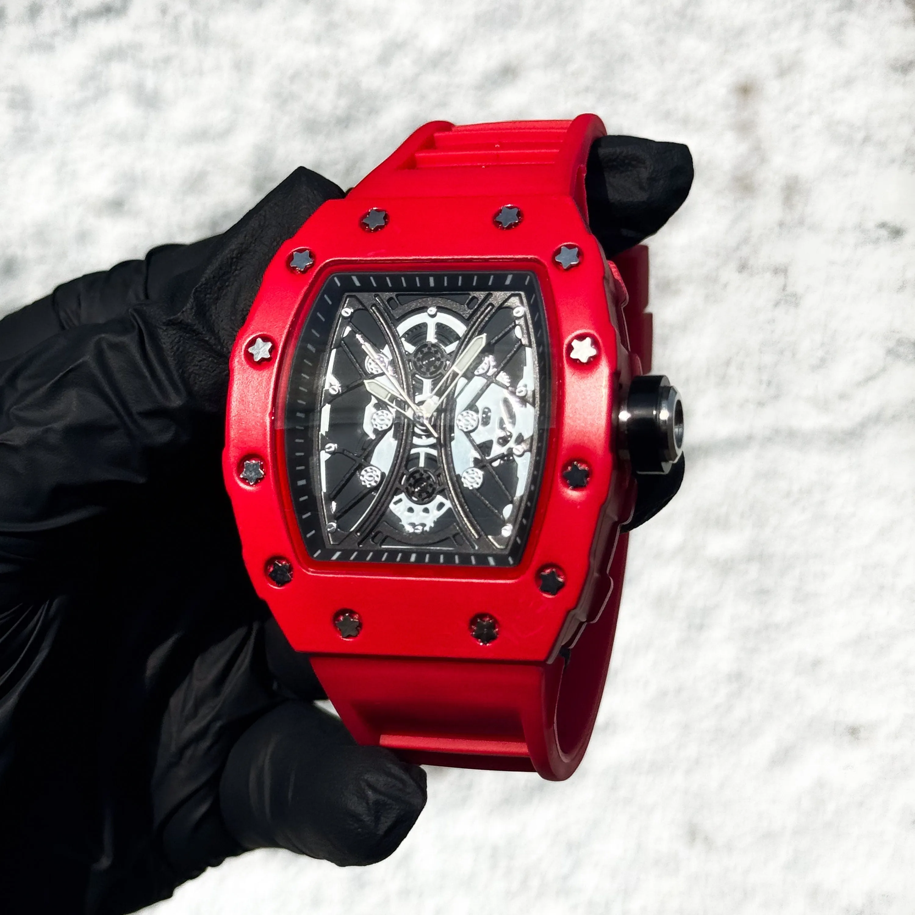 Men's 42mm Black Tonneau Watch - Skeleton Dial, Matte Finish, and Adjustable Silicone Band -  Quartz Movement