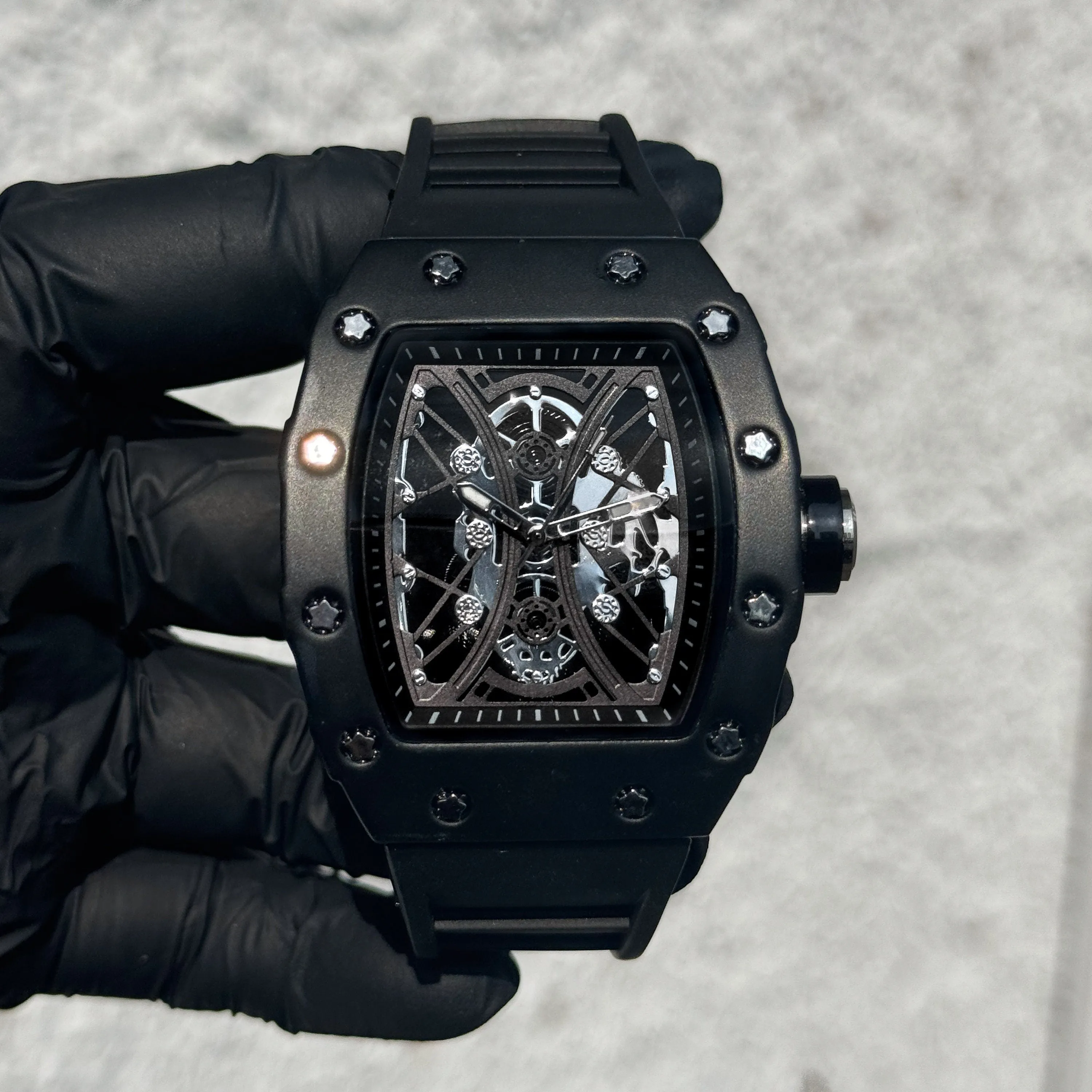 Men's 42mm Black Tonneau Watch - Skeleton Dial, Matte Finish, and Adjustable Silicone Band -  Quartz Movement