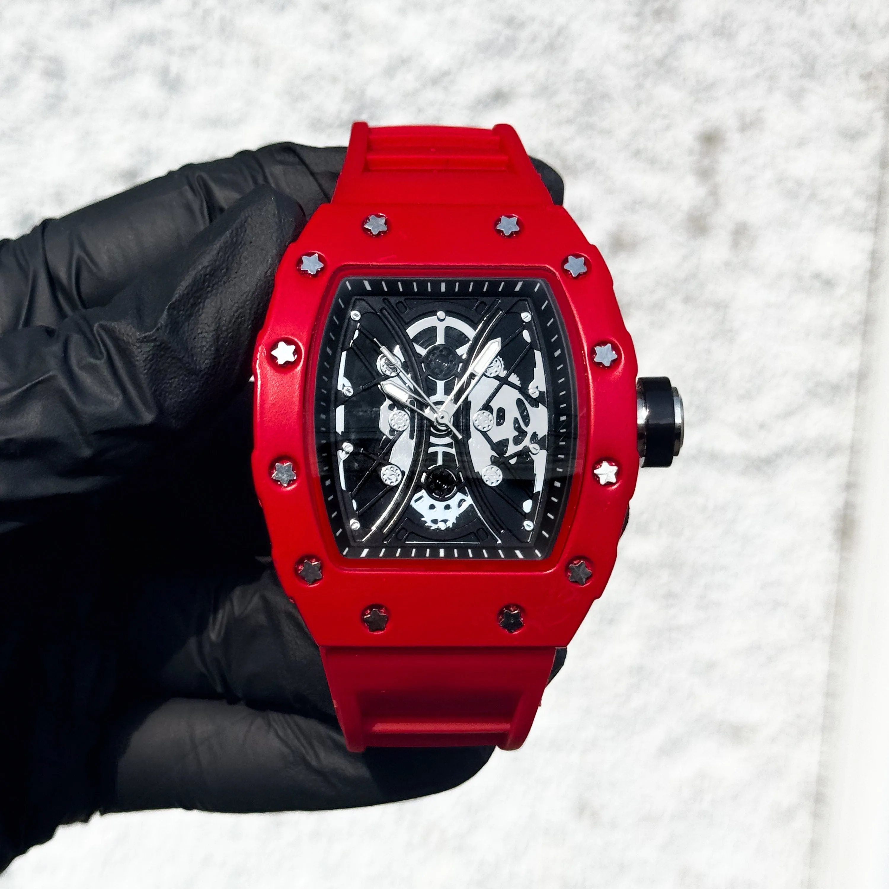 Men's 42mm Black Tonneau Watch - Skeleton Dial, Matte Finish, and Adjustable Silicone Band -  Quartz Movement