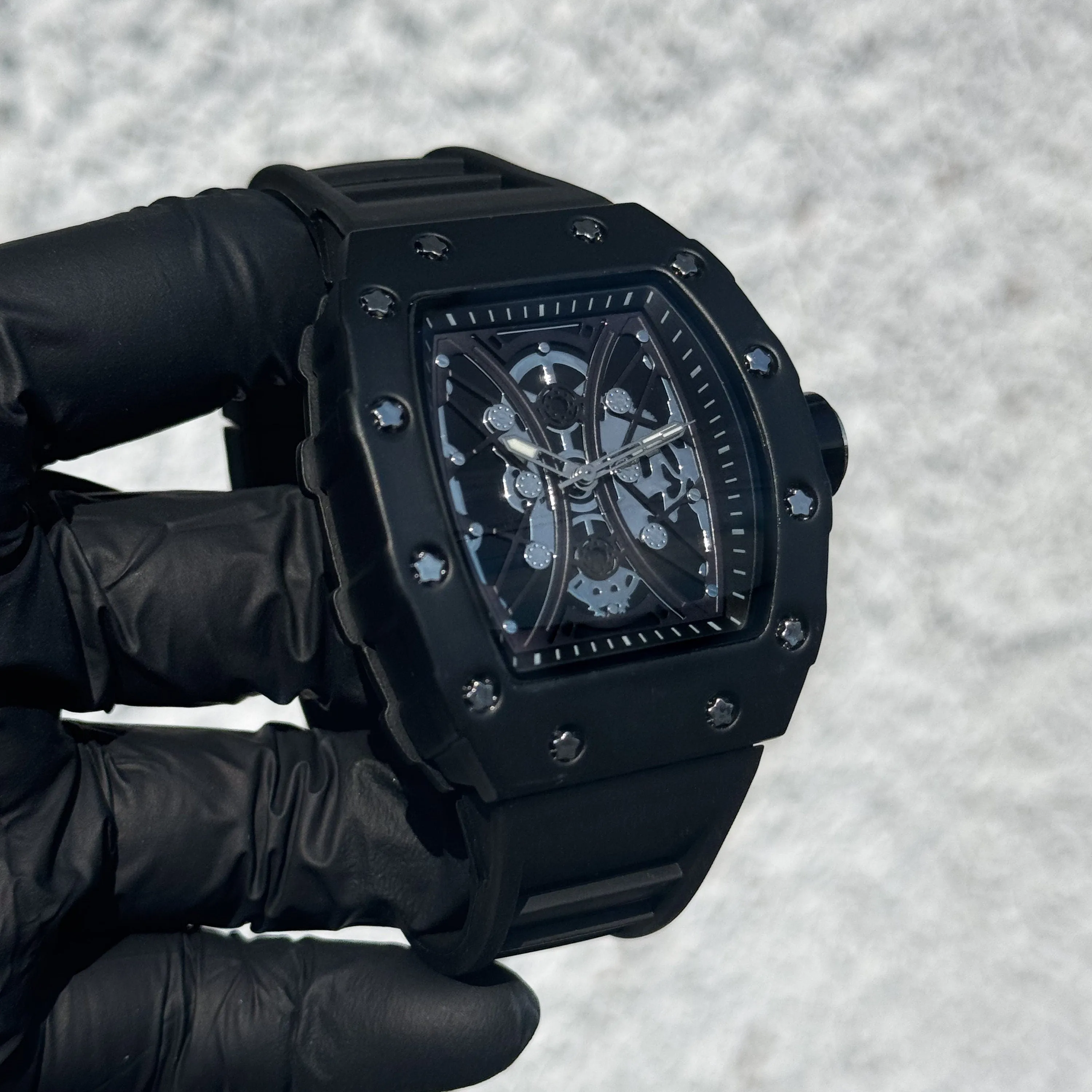 Men's 42mm Black Tonneau Watch - Skeleton Dial, Matte Finish, and Adjustable Silicone Band -  Quartz Movement