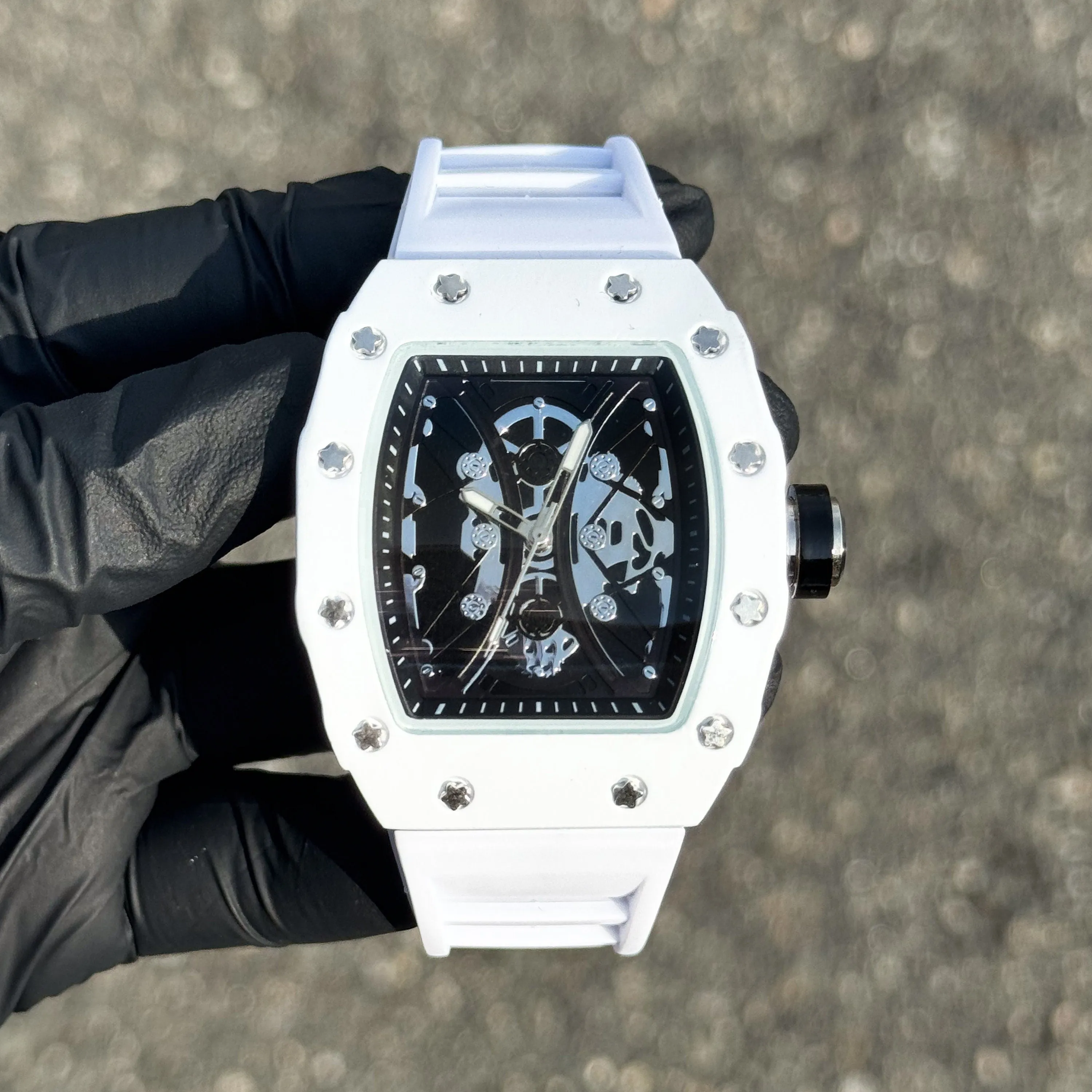 Men's 42mm Black Tonneau Watch - Skeleton Dial, Matte Finish, and Adjustable Silicone Band -  Quartz Movement