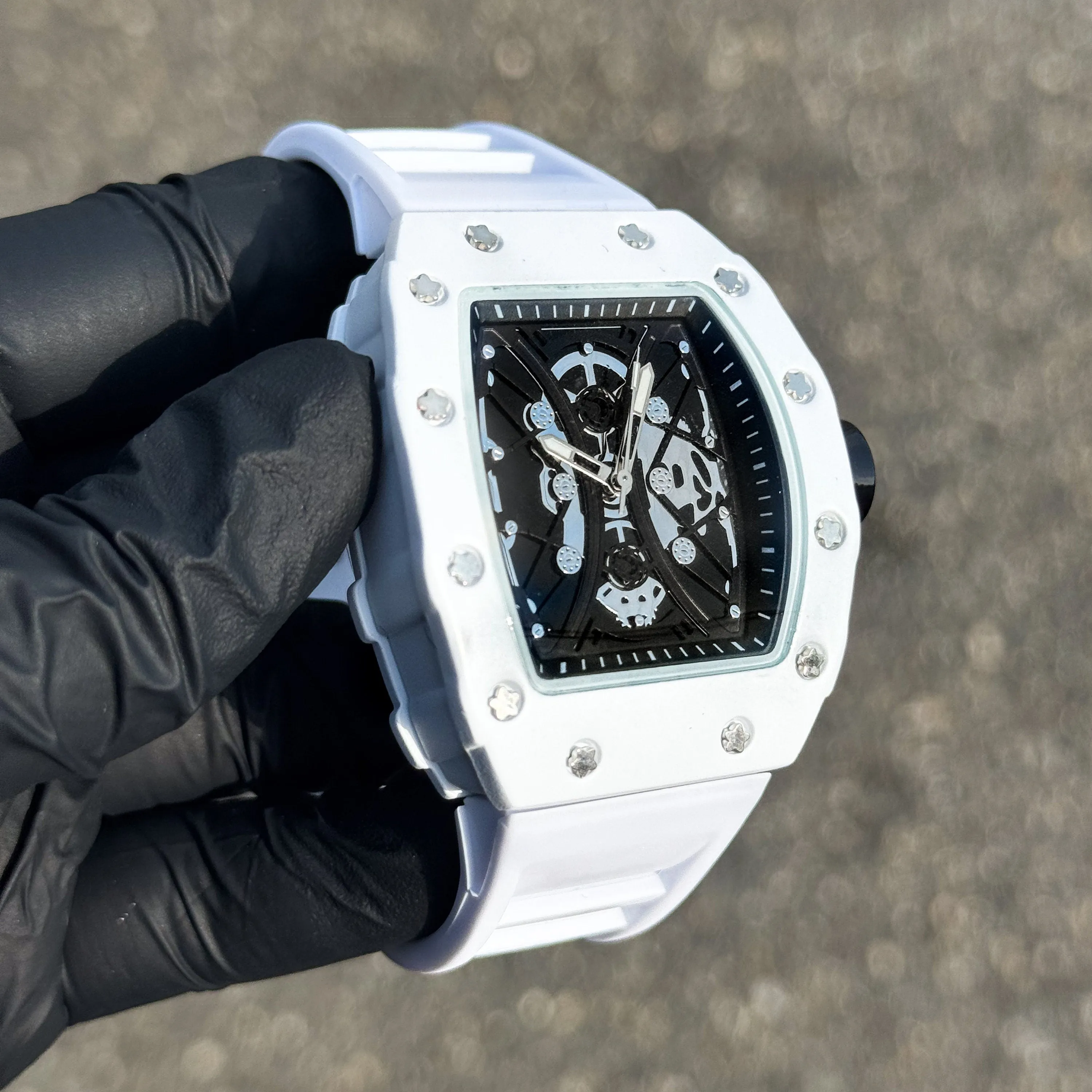 Men's 42mm Black Tonneau Watch - Skeleton Dial, Matte Finish, and Adjustable Silicone Band -  Quartz Movement