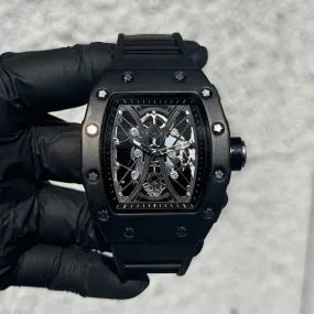 Men's 42mm Black Tonneau Watch - Skeleton Dial, Matte Finish, and Adjustable Silicone Band -  Quartz Movement