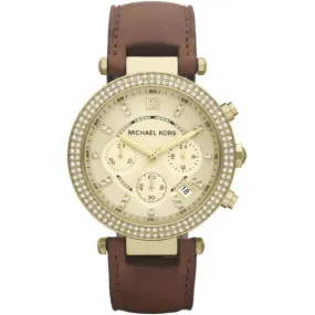Michael Kors Parker Brown Leather Strap Champagne Dial Chronograph Quartz Watch for Ladies - MK-2249