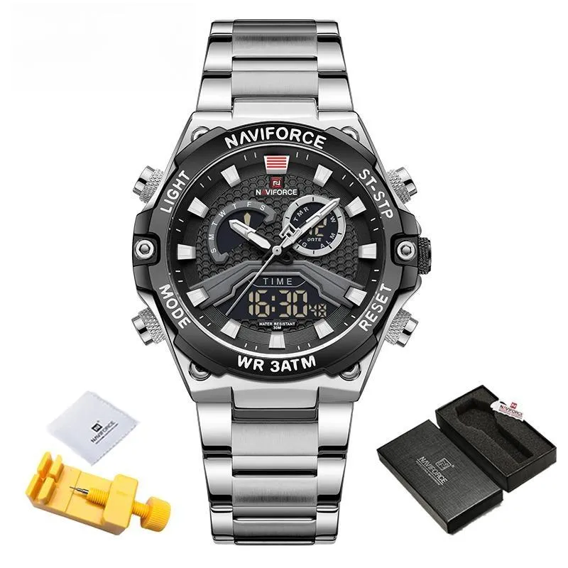 New Watches Men Military Sport Waterproof Quartz Digital Chronograph Stainless Steel Strap Man Luminous Clock