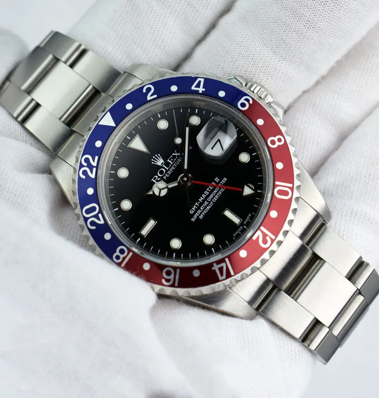 ROLEX 40mm Stainless GMT Master II Pepsi Blue-Red Bezel SEL Model 16710
