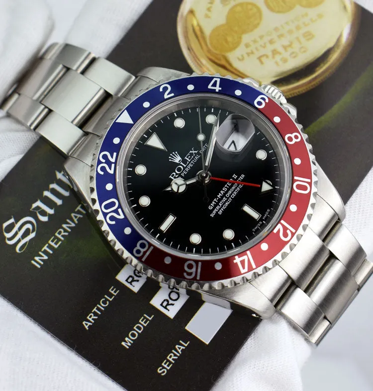 ROLEX 40mm Stainless GMT Master II Pepsi Blue-Red Bezel SEL Model 16710