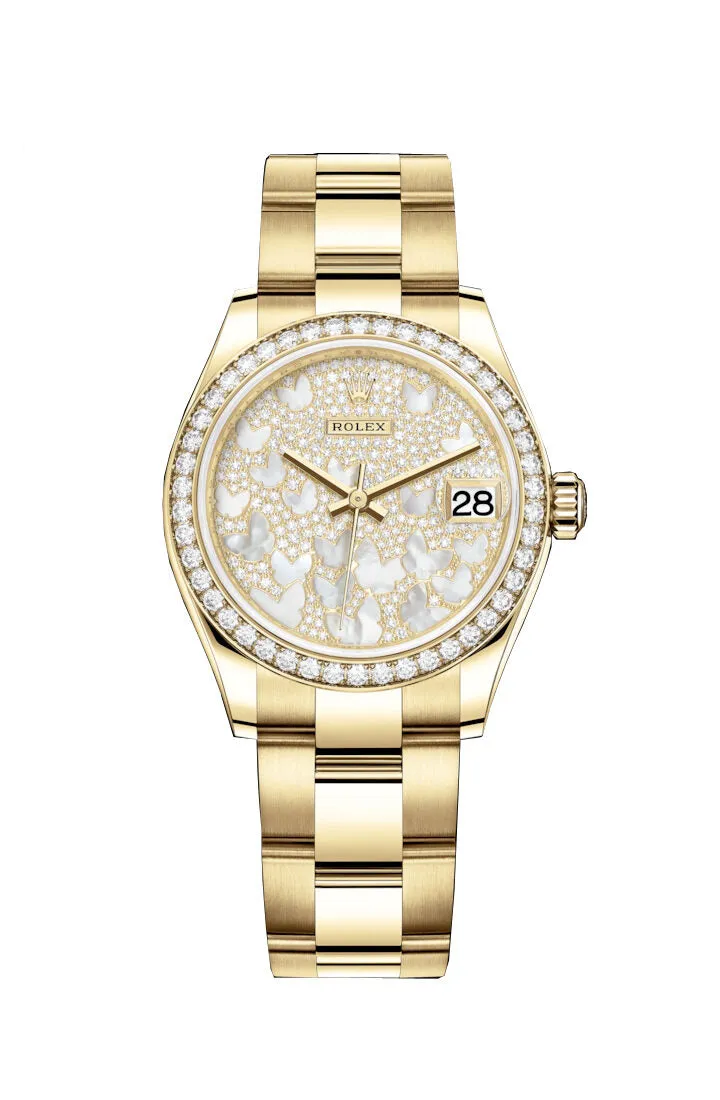 Rolex Datejust 31 Diamond Pave Mother of Pearl Butterfly Dial Ladies 18kt Yellow Gold Oyster Watch 278288PAVEO