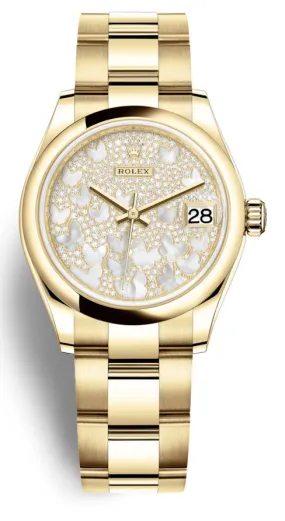 Rolex Datejust 31 Mother of Pearl Diamond Pave Dial Ladies 18kt Yellow Gold Oyster Watch 278248PAVEO
