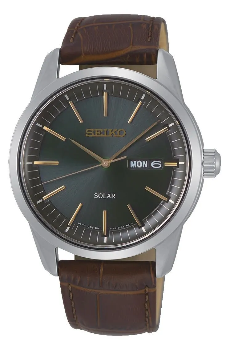 Seiko Gents Green Solar Watch With A Brown Leather Strap