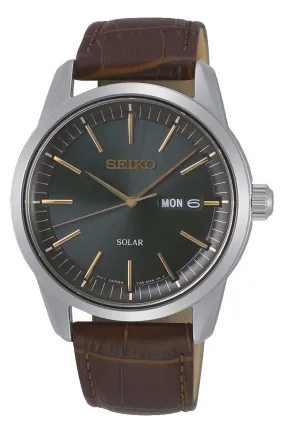 Seiko Gents Green Solar Watch With A Brown Leather Strap