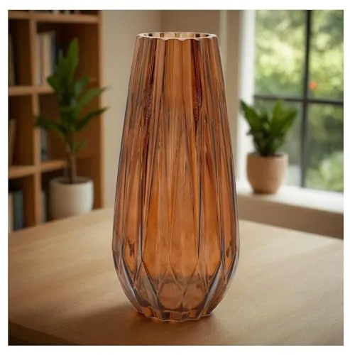SPHINX Decorative Glass Vase for Flowers Plants Home Decor Office Living Table Decorations, Vases for home decor, Luster Glass Vase,Modern Glass Vase - (Dark Amber Diamond Cut, 10 Inches)