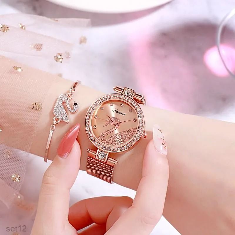 Swan Ladies Watch Set 5 Pcs with Beautiful Box W3126750