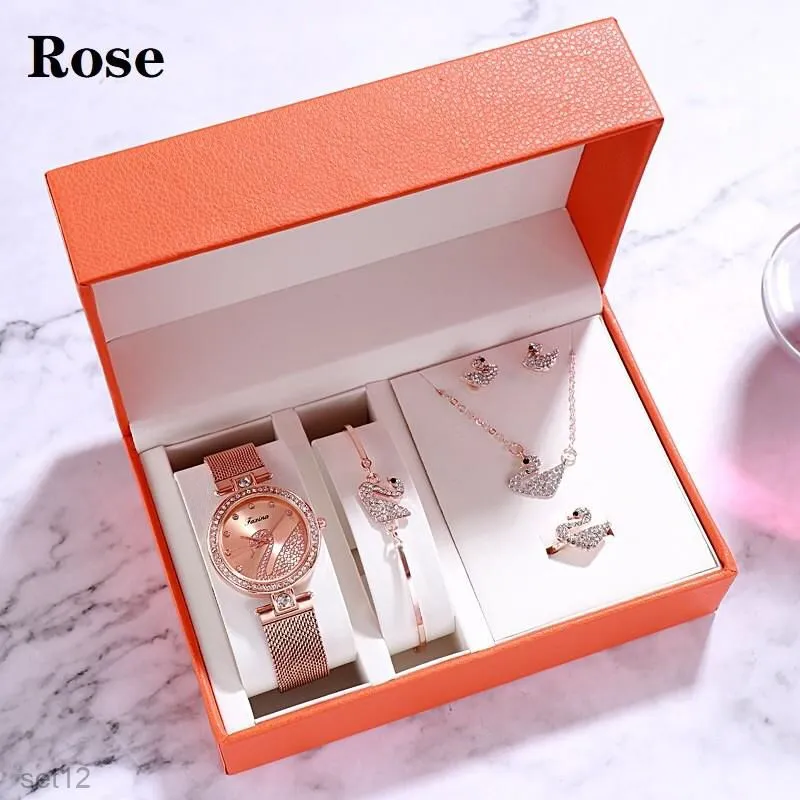 Swan Ladies Watch Set 5 Pcs with Beautiful Box W3126750