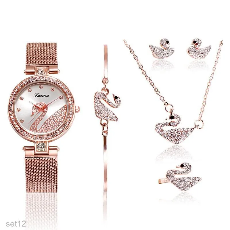Swan Ladies Watch Set 5 Pcs with Beautiful Box W3126750