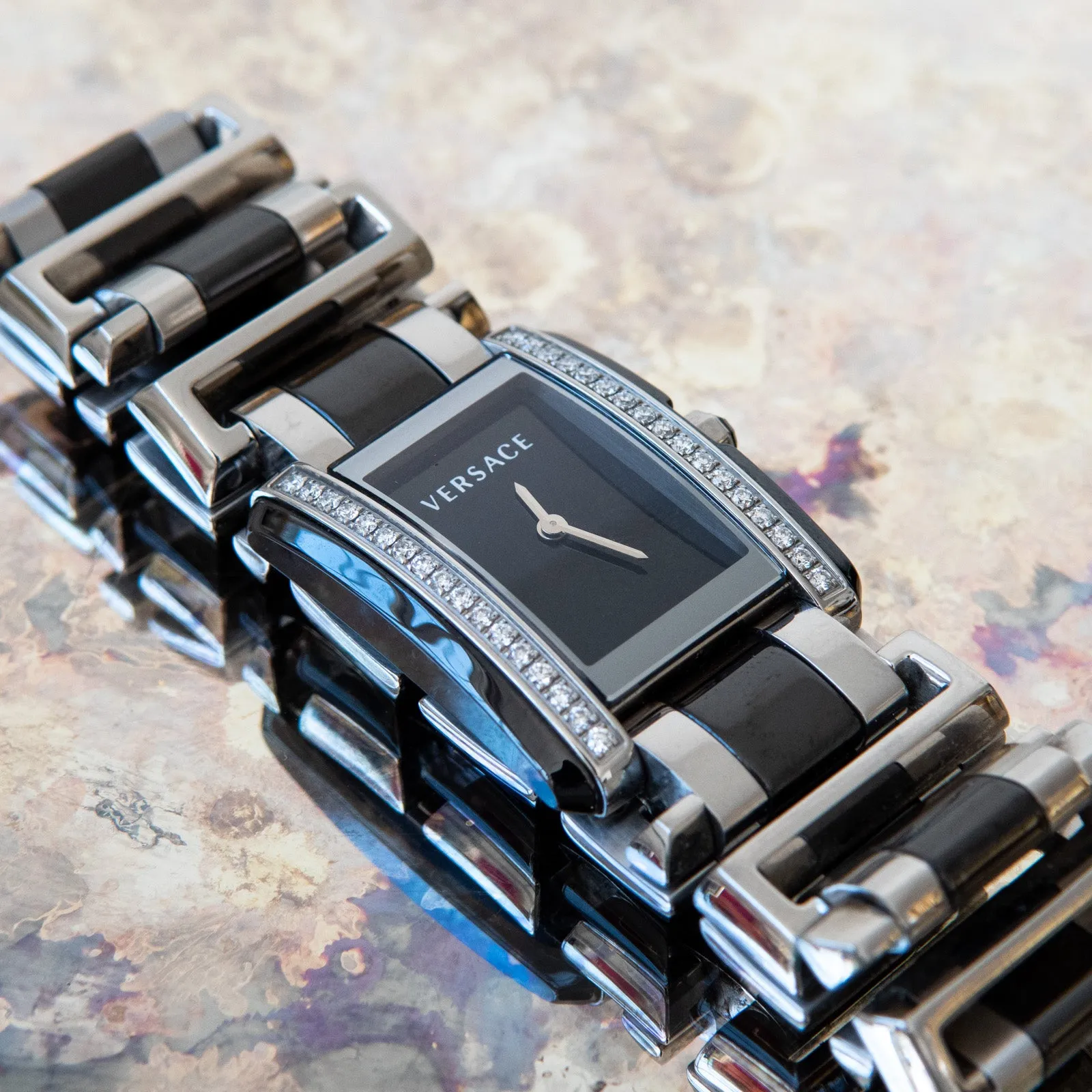 Versace Stainless Steel And Black Ceramic Diamond Watch